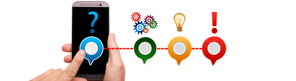 Eine Hand hält ein Smartphone hoch, auf dem ein Fragezeichen steht.