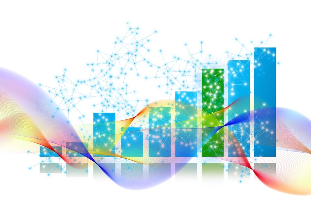 Ein farbenfrohes Balkendiagramm mit Linien und Punkten auf weißem Hintergrund, das die Marketingautomatisierung darstellt.