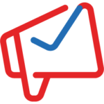 Ein blau-rotes Häkchensymbol auf schwarzem Hintergrund, das Marketingautomatisierung darstellt.