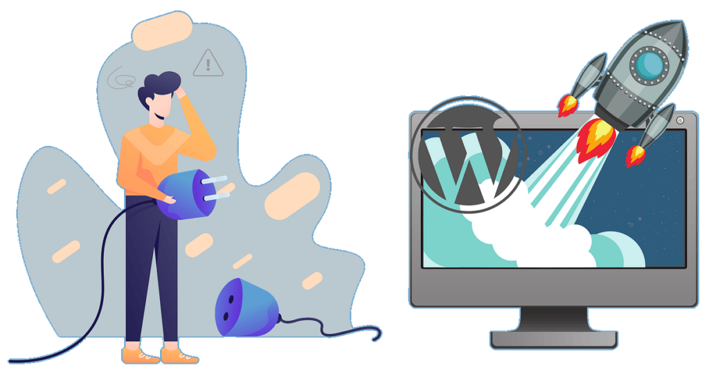 Ein Mann steht neben einem Computer mit einer Rakete im Hintergrund und präsentiert modernste Marketing-Automatisierungstechnologie.