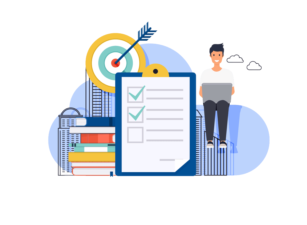 Ein Mann sitzt auf einem Klemmbrett mit einer Checkliste für Marketing-Automatisierung.