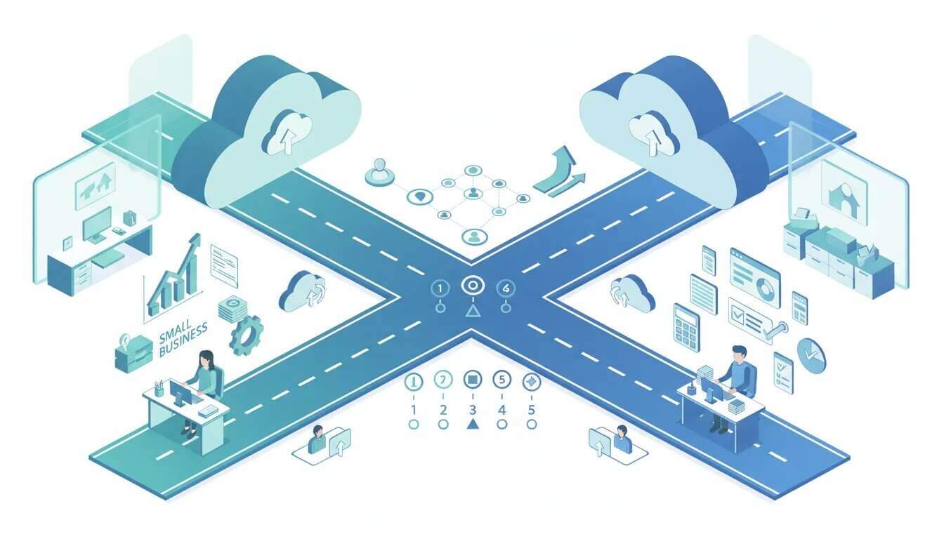 Isometrische Illustration eines Entscheidungsfahrplans: eine aufsteigende, geteilte Straße zu zwei Cloud-Plattformen; links ein Geschäftsinhaber mit Wachstumsgrafik und Automatisierungszahnrädern, rechts ein Buchhalter mit Berichten und Taschenrechner-Ikonen; dazwischen Timeline-Marker, Integrationsknoten und Teamfiguren – keine Texte oder Logos.
