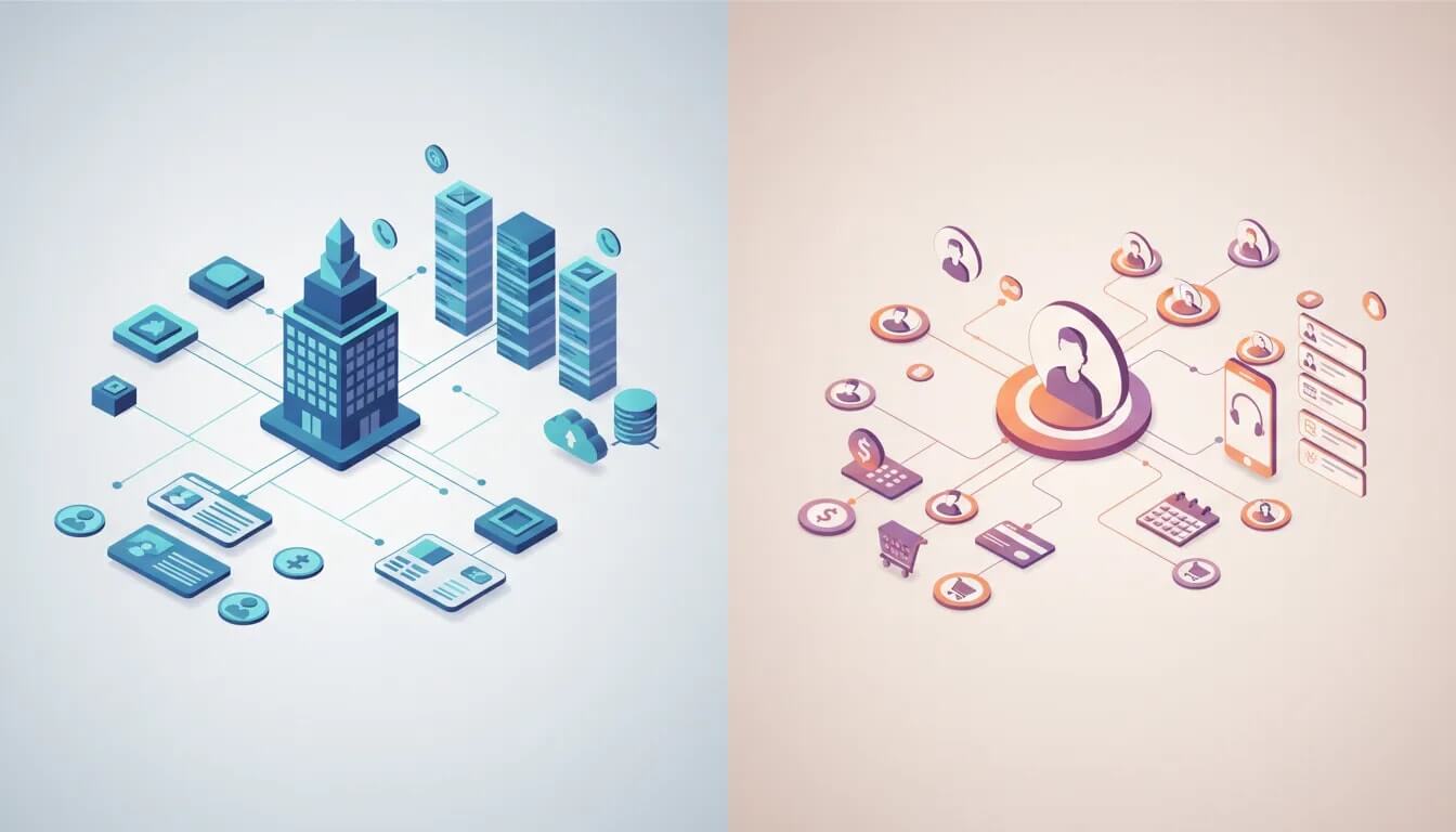 Isometrische Illustration eines CRM-Vergleichs: links firmenzentrierte Struktur mit Gebäude- und Account-Knoten, rechts personenorientierte Struktur mit zentraler Kunden-Avatar und vielen Verbraucherkontakten, vernetzte Icons für Deals, Aufgaben und Kalender